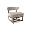 Beige armchair with wooden frame.