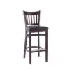 Dark brown wooden bar stool with black seat.
