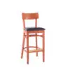Wooden bar stool with black seat.