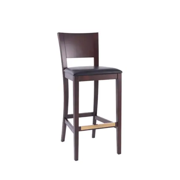 Dark wood bar stool with black seat.