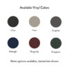 Vinyl color swatches: onyx, fawn, graphite, etc.