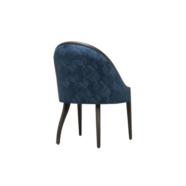 Blue patterned chair, rear view.